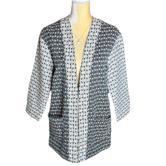 Old Navy Open Front Cardigan Jacket  Sz Small Petite Long Black Print Artsy Boho - Picture 1 of 6